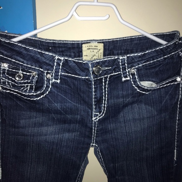 VINTAGE LA IDOL LOW RISE WHITE CONTRAST STITCH DENIM JEANS EMBELLISH RHINESTONE - Picture 4 of 6